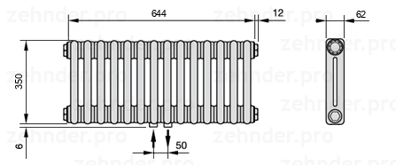 Схема (чертеж) Радиатор Zehnder Charleston 2035/14 №3470 Белый глянцевый RAL 9016